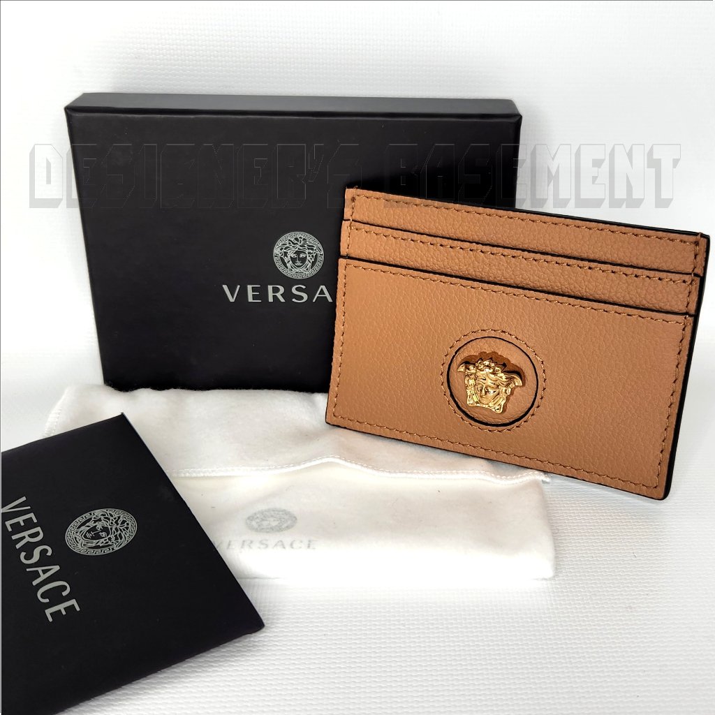 Versace Beige Gold La Medusa Gold Logo Embossed Leather Card Case Holder Wallet